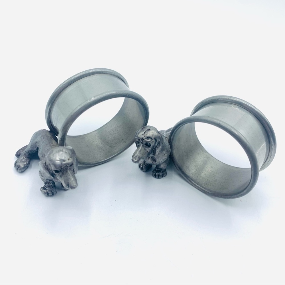 Vintage Pewter Dachshund Figural Napkin Rings Set of 2 Heavy Dog Decor 70's - Picture 6 of 15